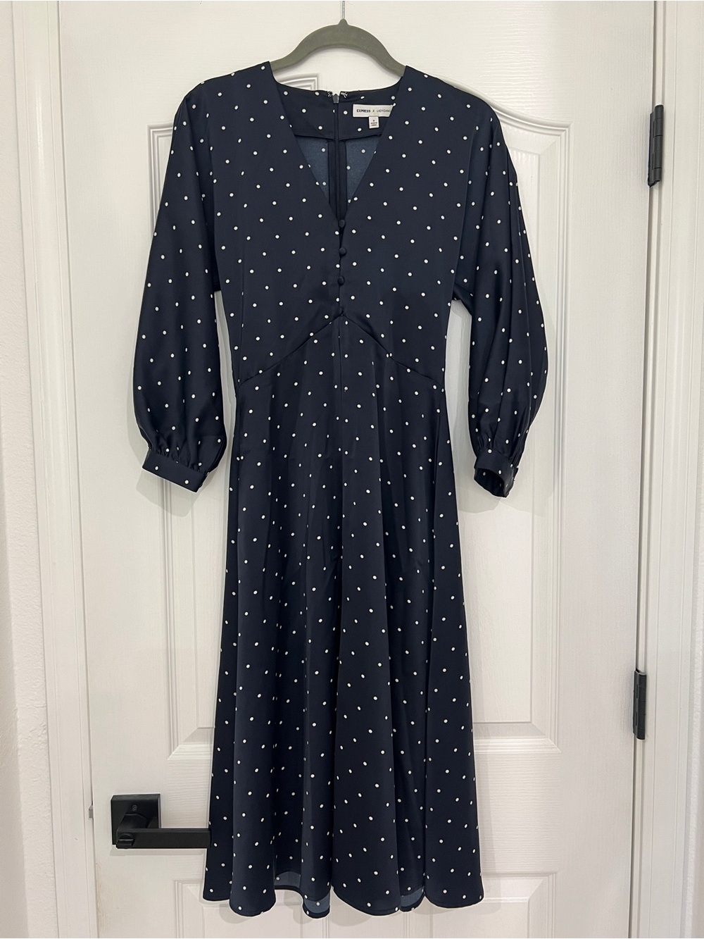 Express Navy and White Polka Dot Midi Dress
